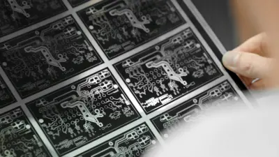 A person holds a printed circuit board (PCB) panel showcasing intricate designs, illustrating the principles of design for manufacturing (DFM) used by copperdot.