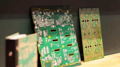 High-density interconnect PCBs (HDI PCBs) displayed on a table, showcasing advanced PCB technology by copperdot.