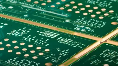 Close-up of a PCB showcasing detailed circuitry and via placements, illustrating DFM principles applied by copperdot for efficient design for manufacturing.